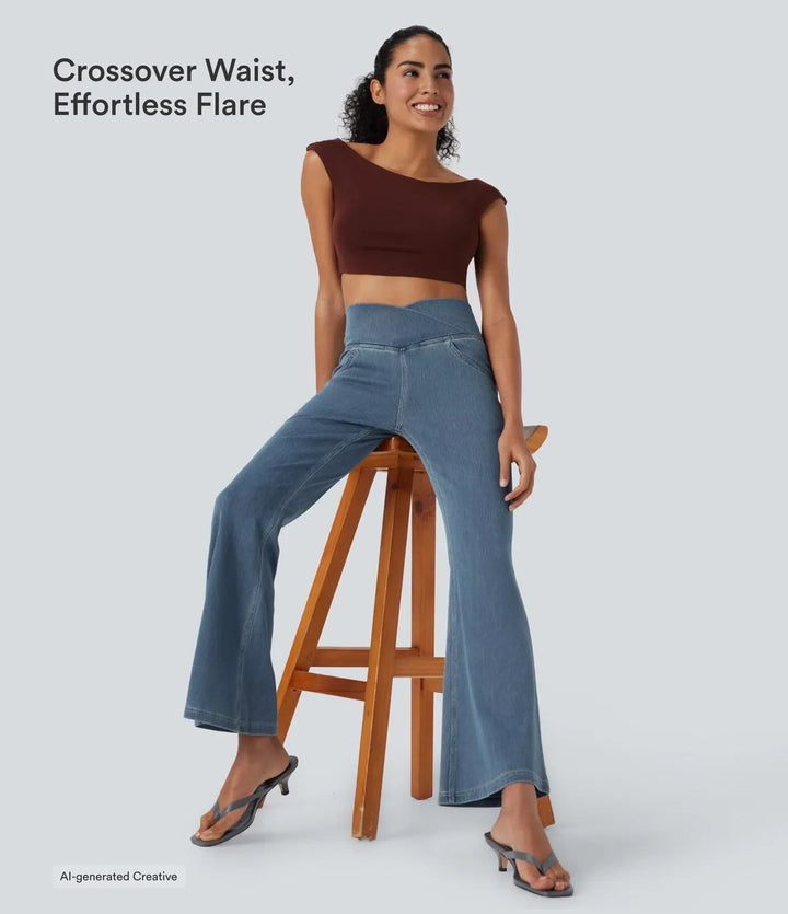 Halara Flex med hög midja, omlottmidja och ficka tvättad vardagsjeans