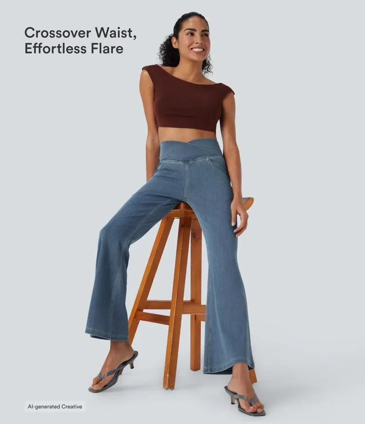Halara Flex med hög midja, omlottmidja och ficka tvättad vardagsjeans