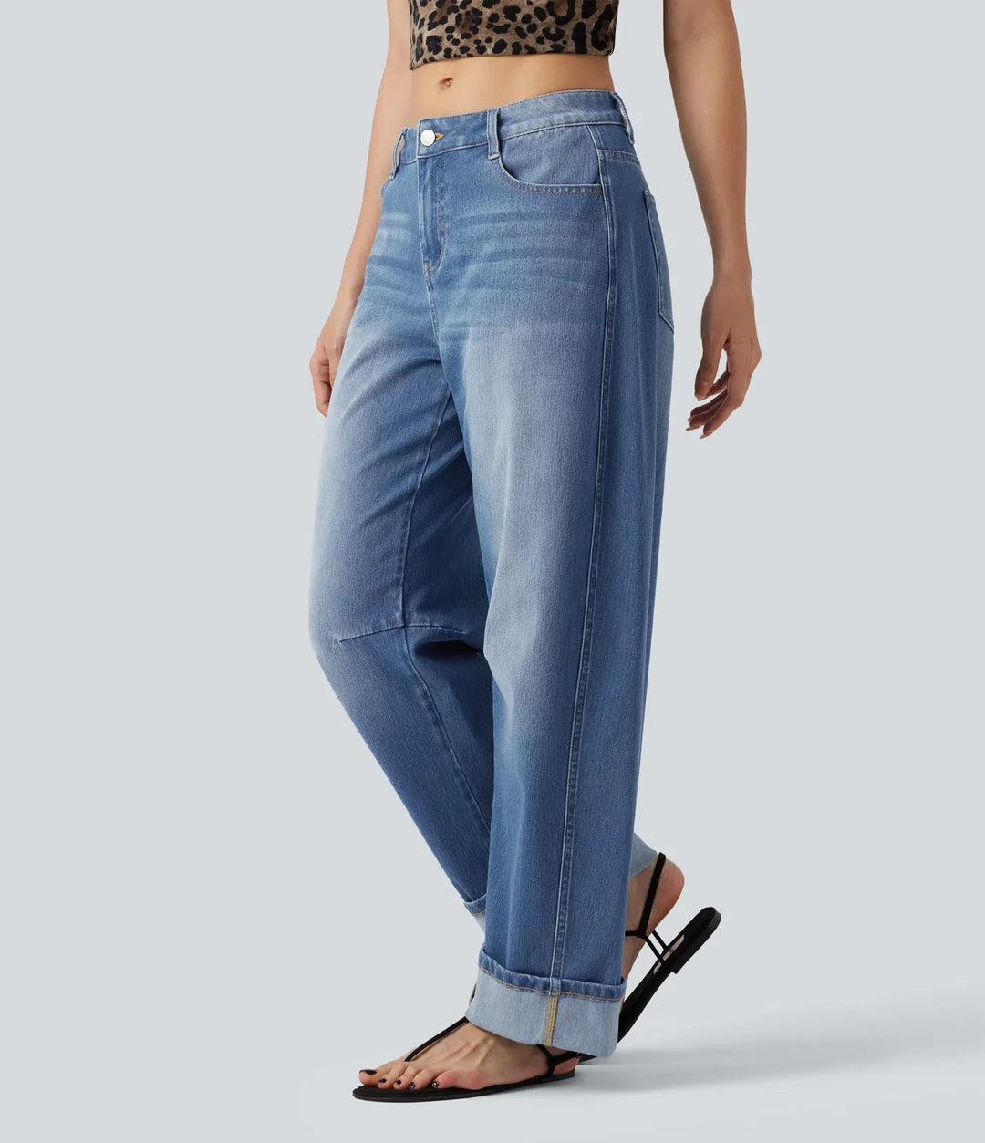 Halara Flex med låg midja upprullad fåll för vardag ballongformade ben jeans med fickor