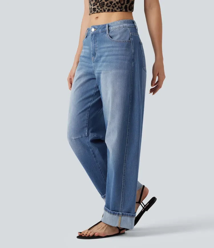 Halara Flex med låg midja upprullad fåll för vardag ballongformade ben jeans med fickor