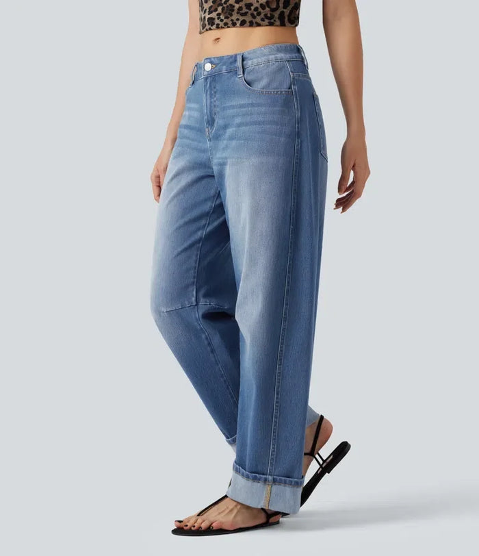Halara Flex med låg midja upprullad fåll för vardag ballongformade ben jeans med fickor