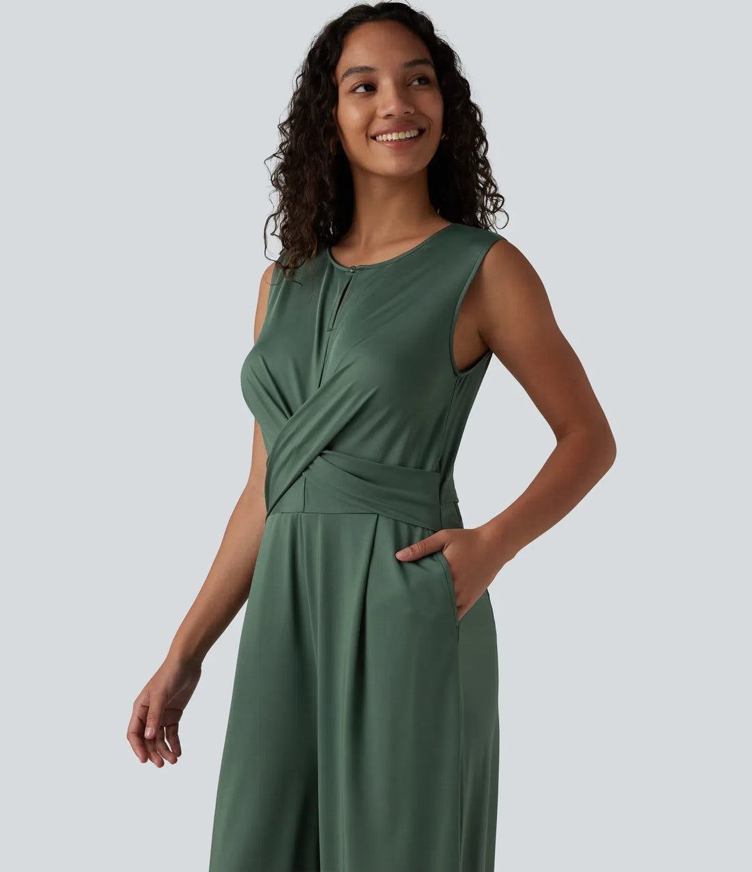 Rund hals ärmlös crossover Waist arbete raka ben jumpsuit med fickor-Easy Peezy