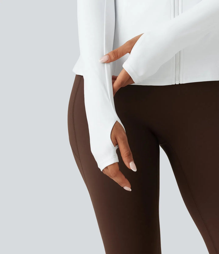SoftlyZero luftig ståkrage långärmad tumhål hålbroderi volangfåll InstantCool yogajacka med fickor-UPF50+