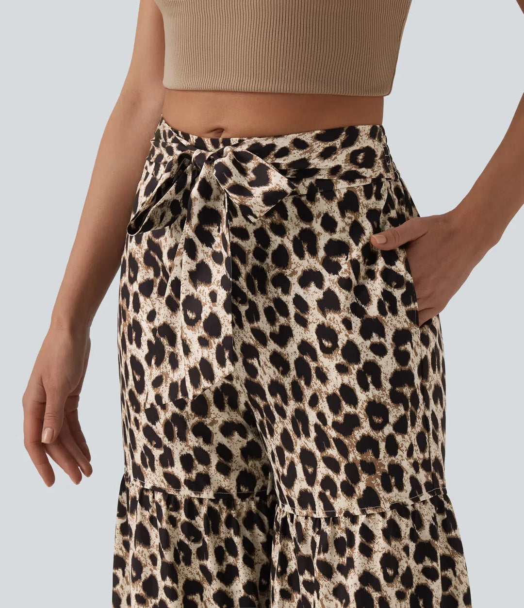Medelhög midja knytning fram baggy leopardmönster vardagsbyxor med fickor