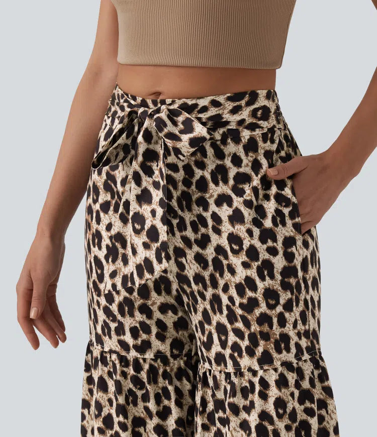 Med medelhög midja knytning framtill baggy leopardmönstrad vardagsbyxor med fickor