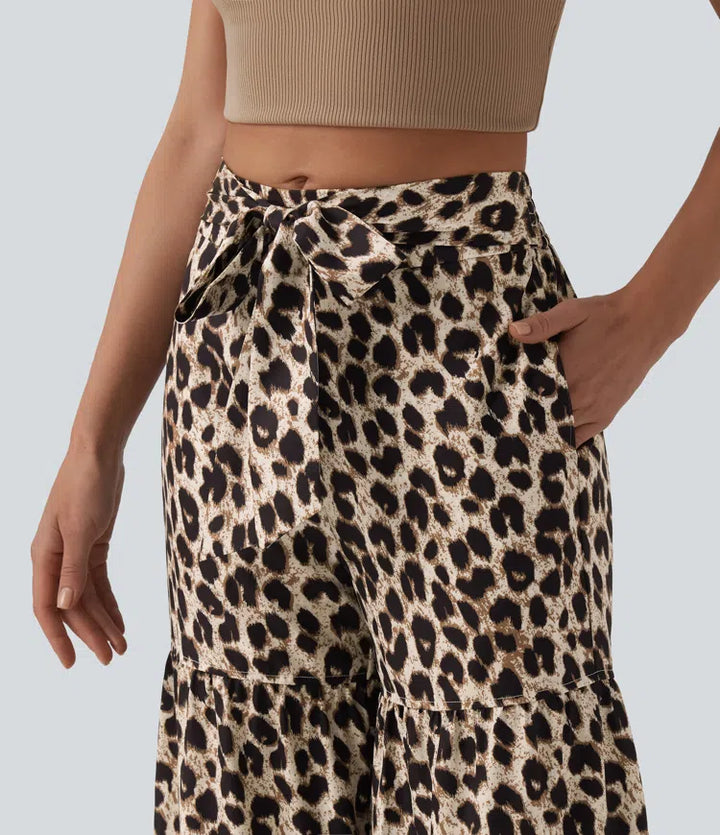 Med medelhög midja knytning framtill baggy leopardmönstrad vardagsbyxor med fickor