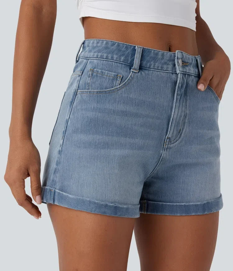 Halara Flex med medelhög midja dragkedja fickor denim vardagsshorts 3&