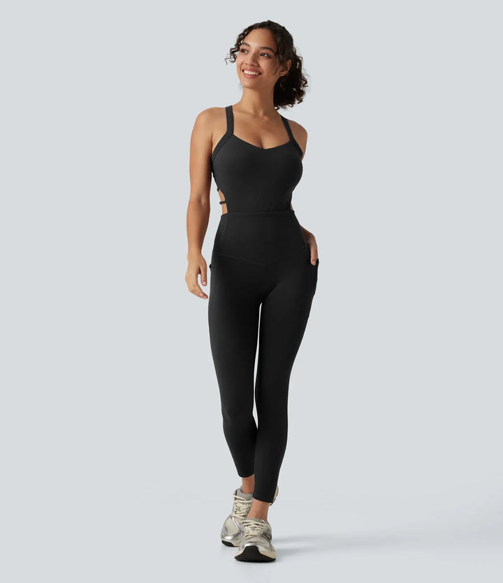 Halara UltraSculpt inbyggd bh magkontroll träning jumpsuit med fickor – Easy Peezy-utgåva