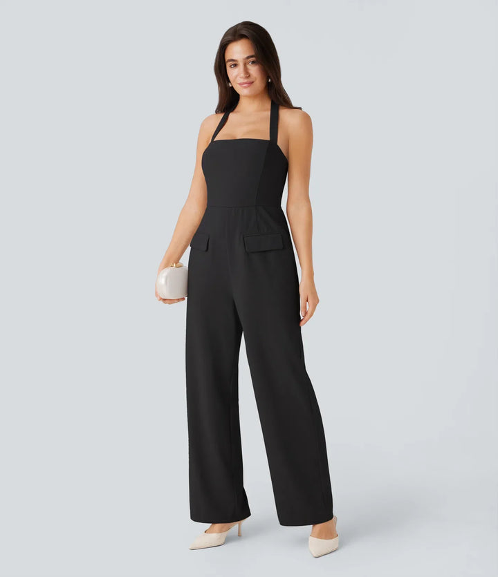 Halterneck justerbar G-krok lock fickor jumpsuit