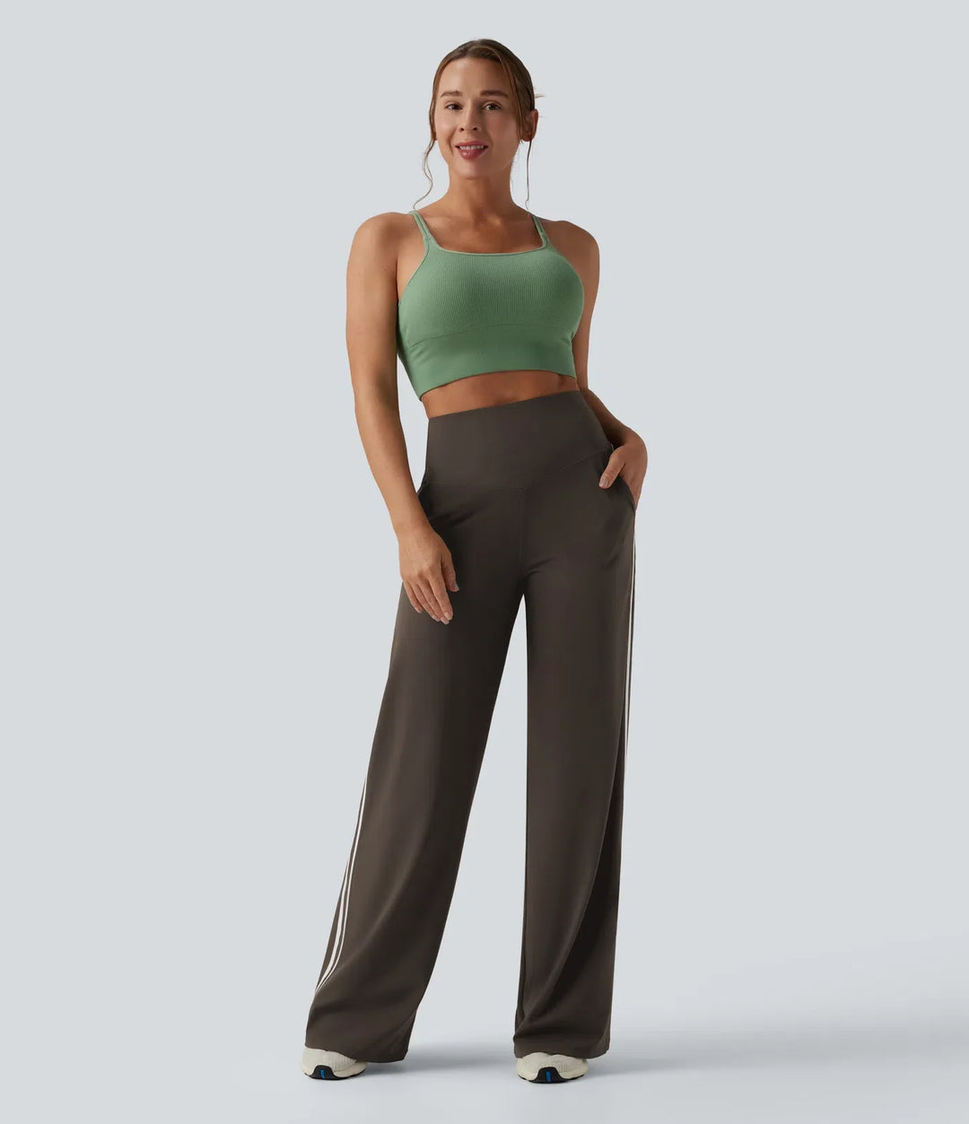Lyckera UltraSculpt högmidjad magkontroll färgblock ränder yoga baggy byxor med fickor