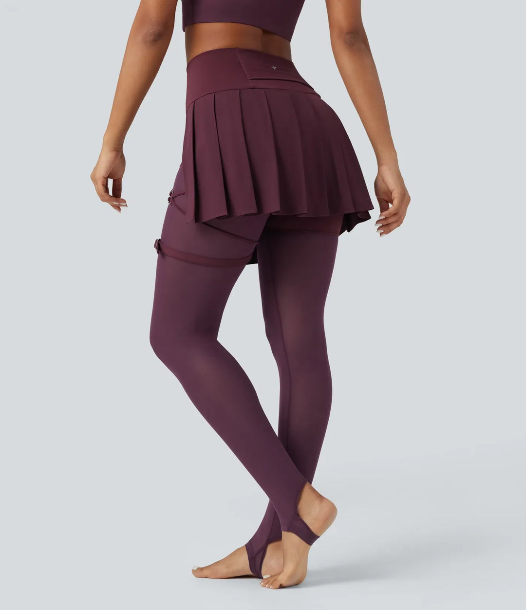Breezeful med hög midja plisserad 2-i-1 kontrastmesh snabbtorkande dans stigbygel leggings med kjol med fickor