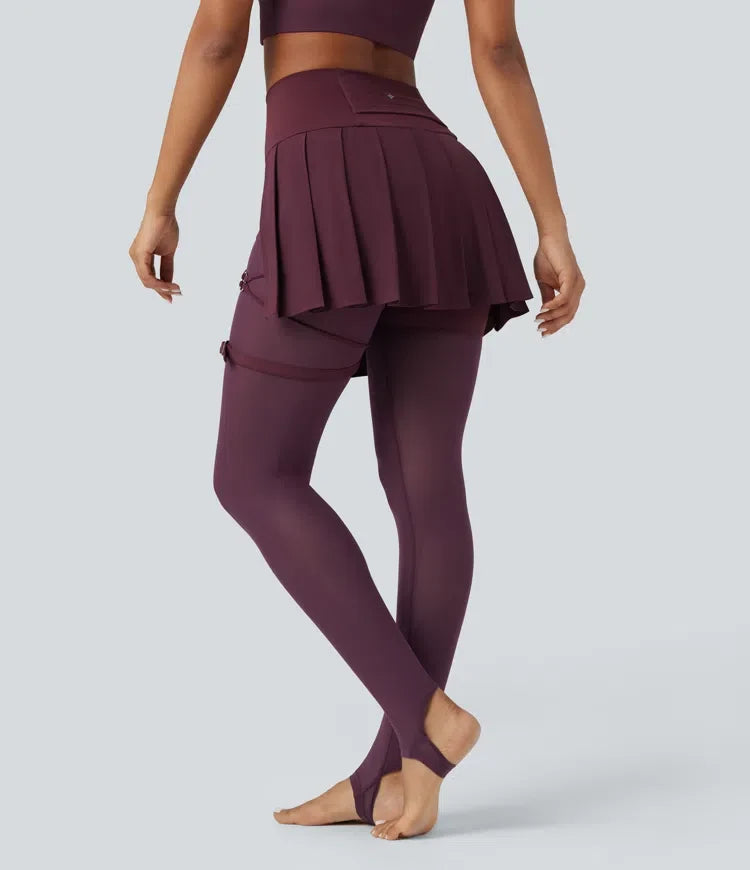 Breezeful med hög midja plisserad 2-i-1 kontrastmesh snabbtorkande dans stigbygel leggings med kjol med fickor