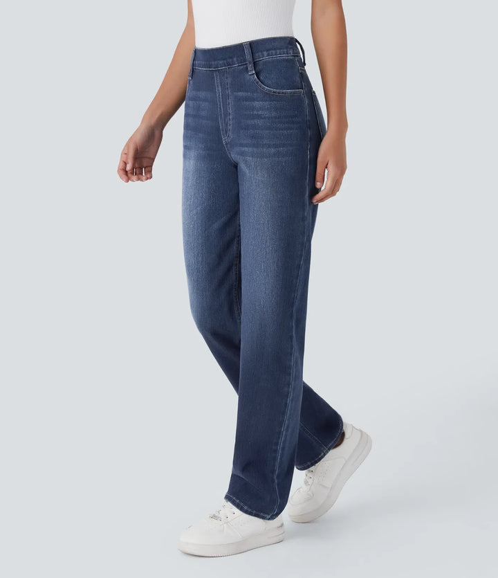 Lyckera Flex högmidjad fickor raka ben tvättad vardagsjeans