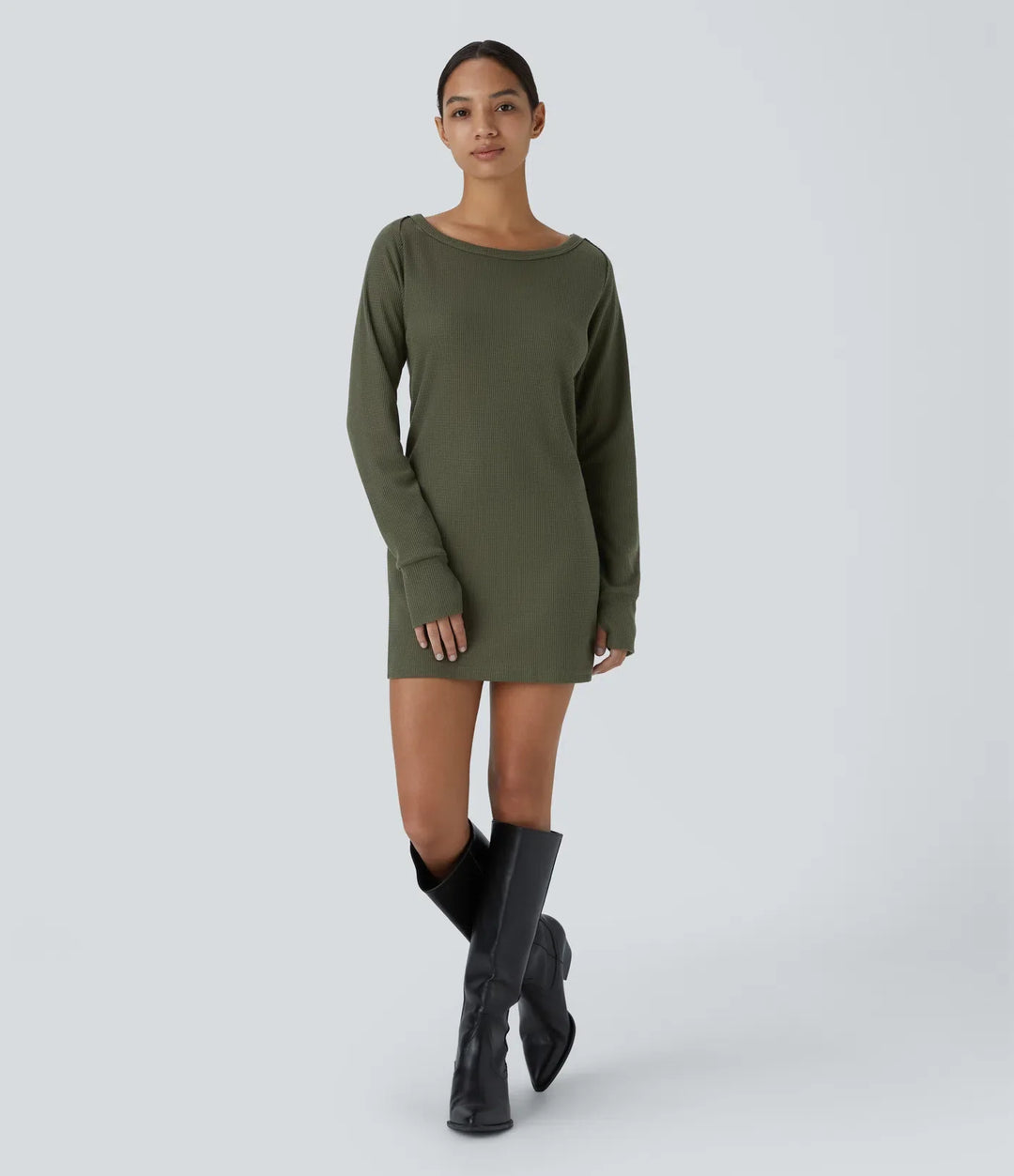 Båtringad raglan ärm tumhål fåll våffelstruktur vardaglig sweatshirt klänning