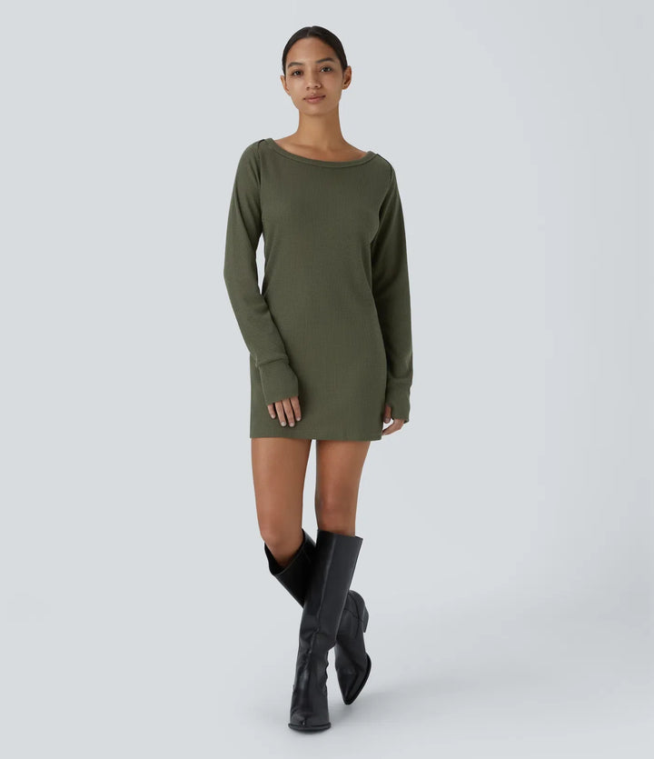 Båtringad raglan ärm tumhål fåll våffelstruktur vardaglig sweatshirt klänning