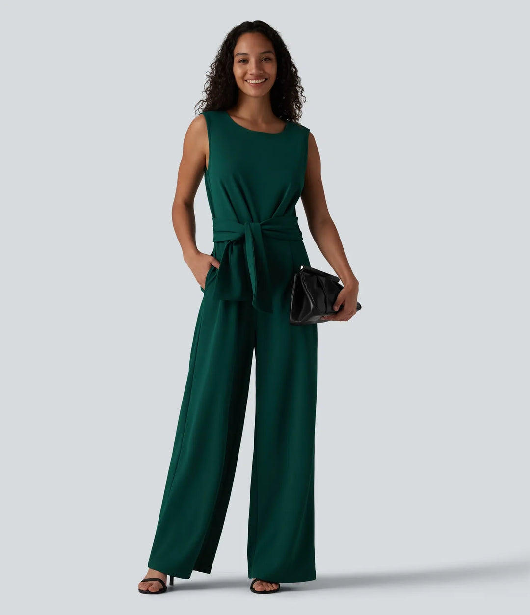 Skrynkeltålig båtringad ärmlös knytning i sidan arbetsjumpsuit med fickor-Easy Peezy