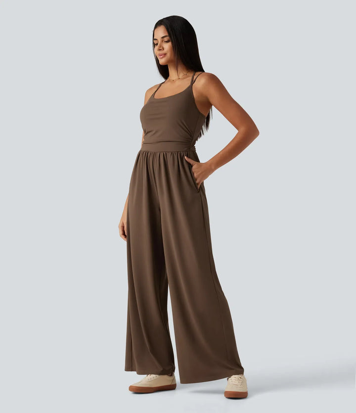 U-ringad ärmlös crossover inbyggd BH vida ben vardaglig jumpsuit med fickor--Easy Peezy