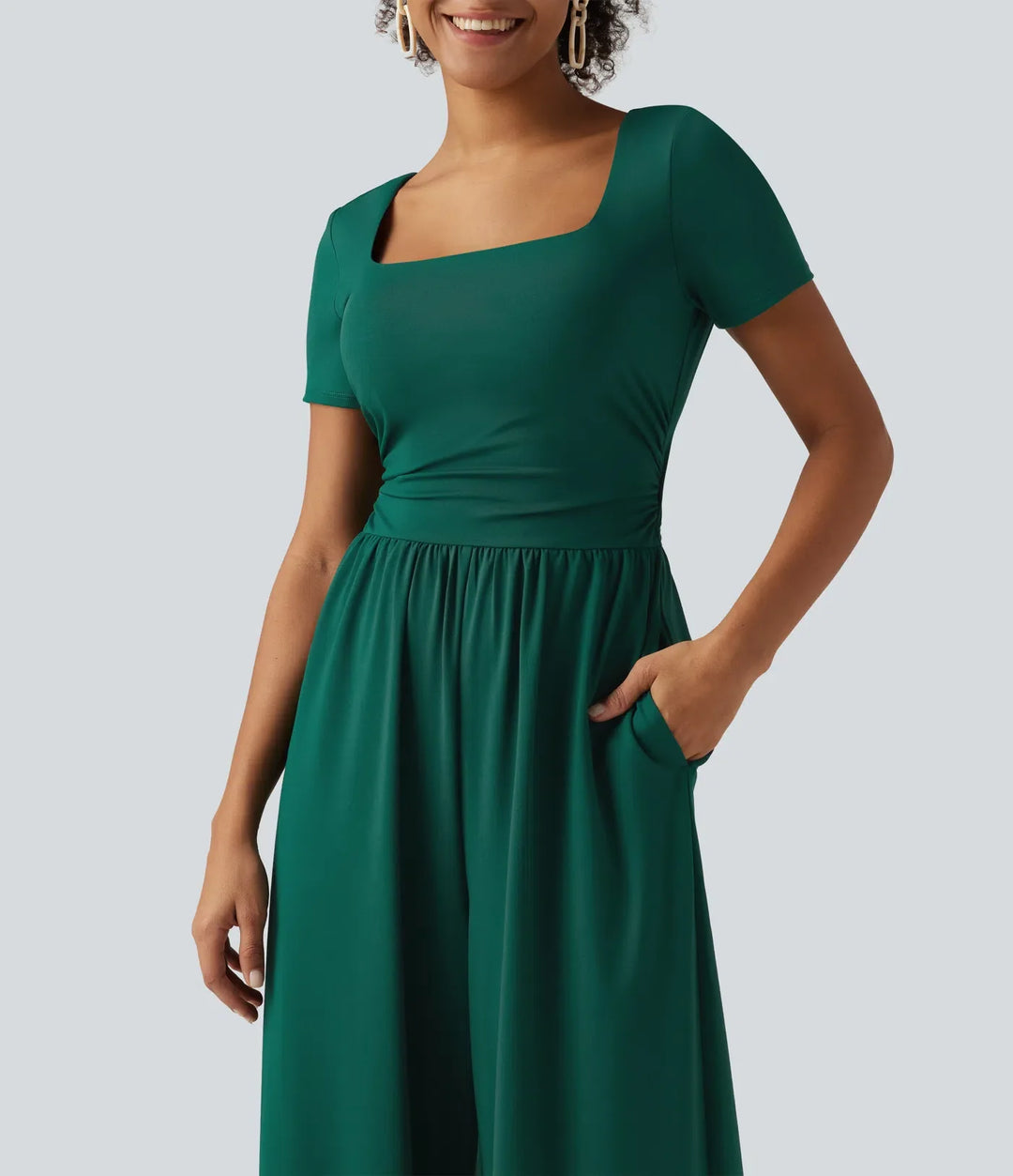 Fyrkantig halsringning kortärmad vida ben vardaglig jumpsuit med fickor - Easy Peezy Edition