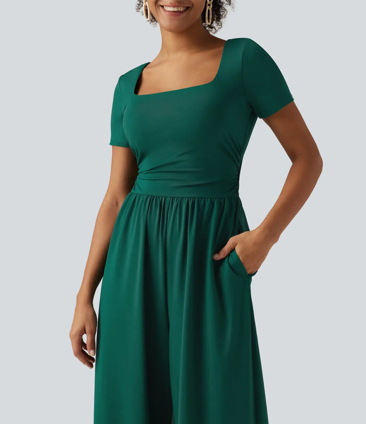 Fyrkantig halsringning kortärmad vida ben vardaglig jumpsuit med fickor - Easy Peezy Edition