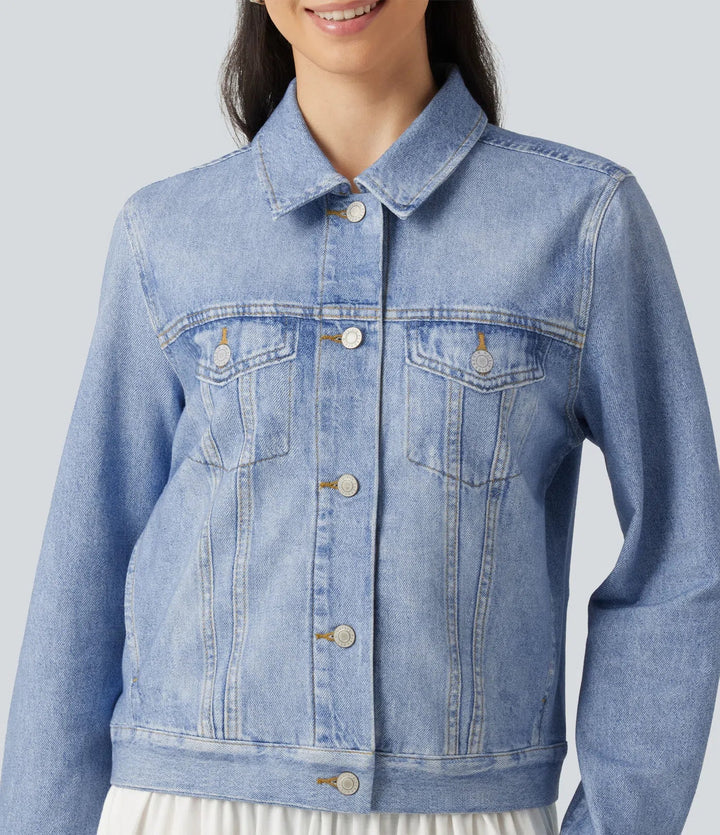 Med krage långärmad denim mönster frotté vardaglig jacka med fickor
