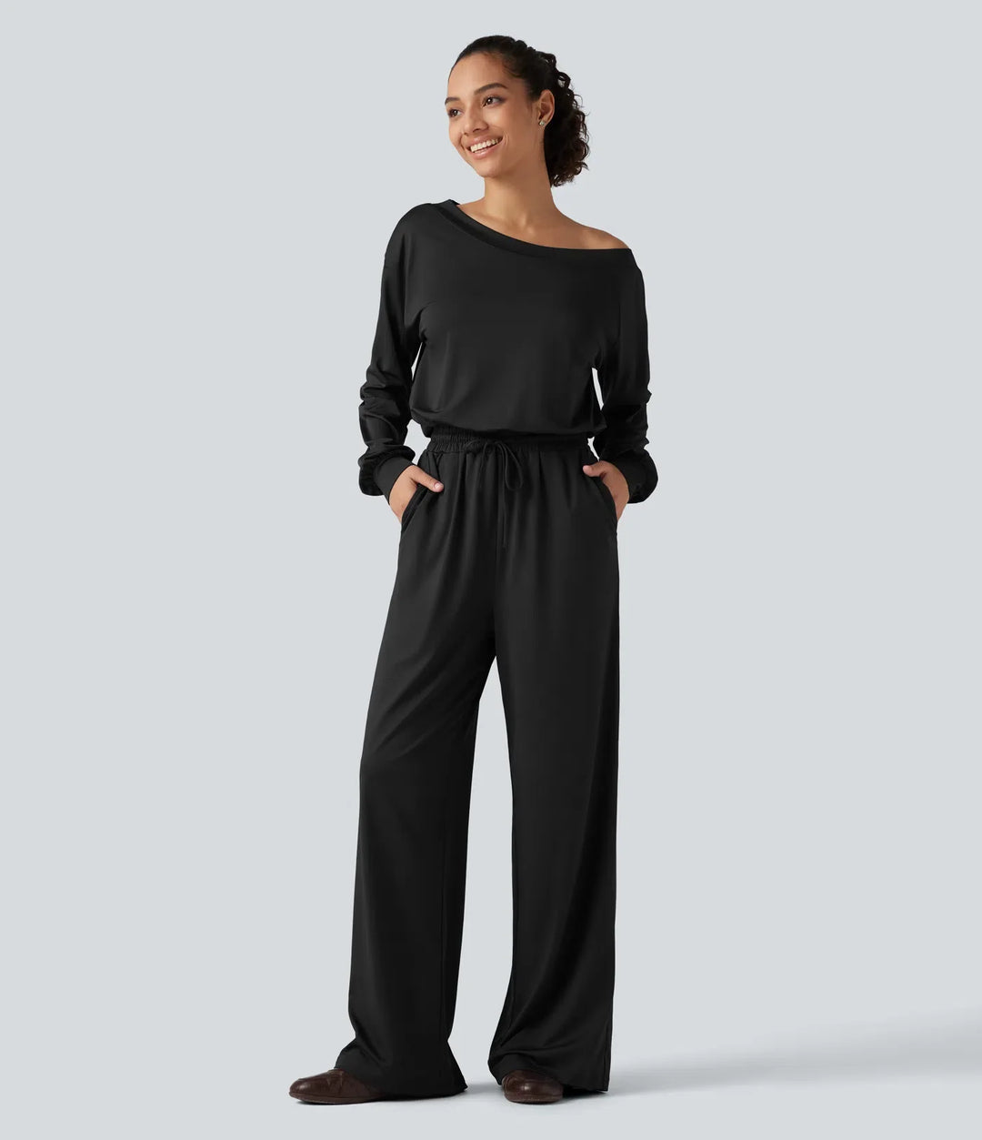 Enaxlad långärmad dragsko baggy vardaglig jumpsuit med fickor-Easy Peezy Edition