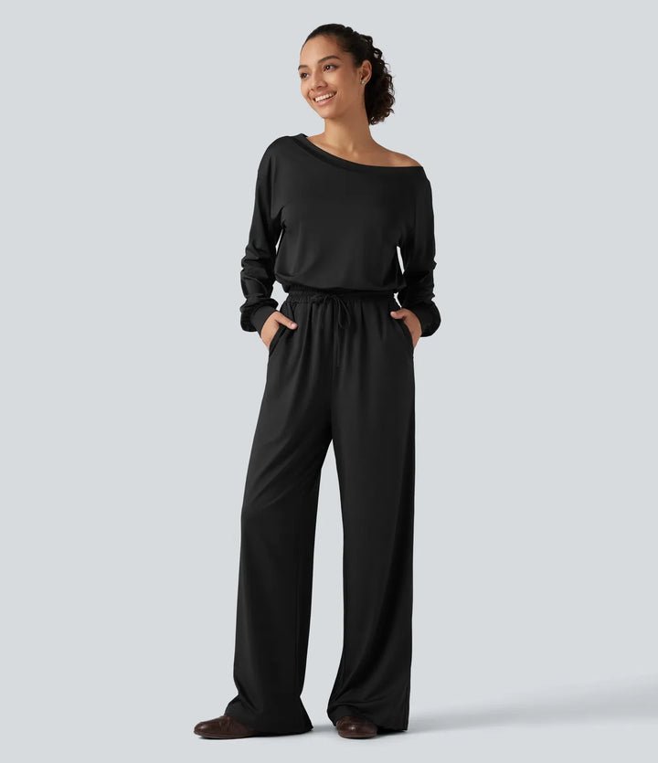 Enaxlad långärmad dragsko baggy vardaglig jumpsuit med fickor-Easy Peezy Edition