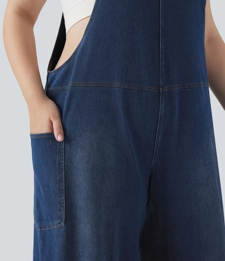 Halara Flex V-ringning tvättad denim för vardag plusstorlek hängselbyxor med fickor