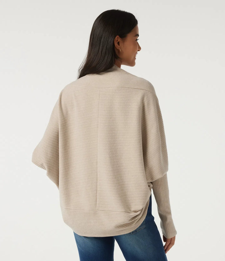 Ribbstickad lång fladdermusärm rundad fåll vardaglig cardigan