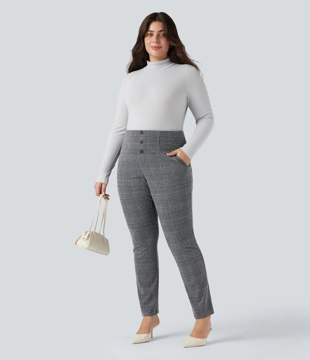 Lyckera Flex högmidjad hundtandsrutig skinny arbete plusstorlek byxor med fickor