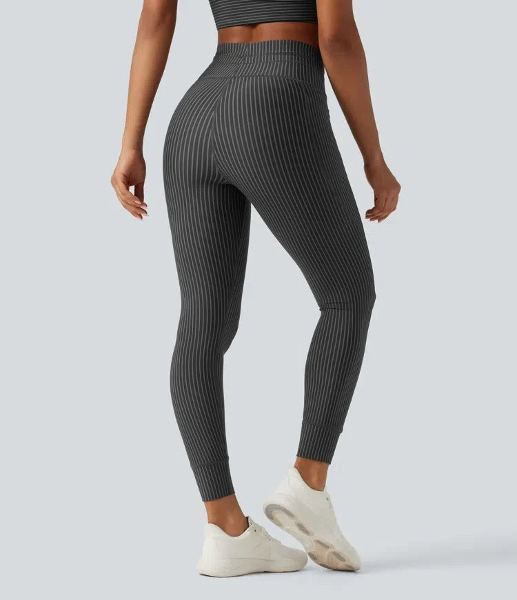 Med hög midja dragsko rand yogaleggings med fickor