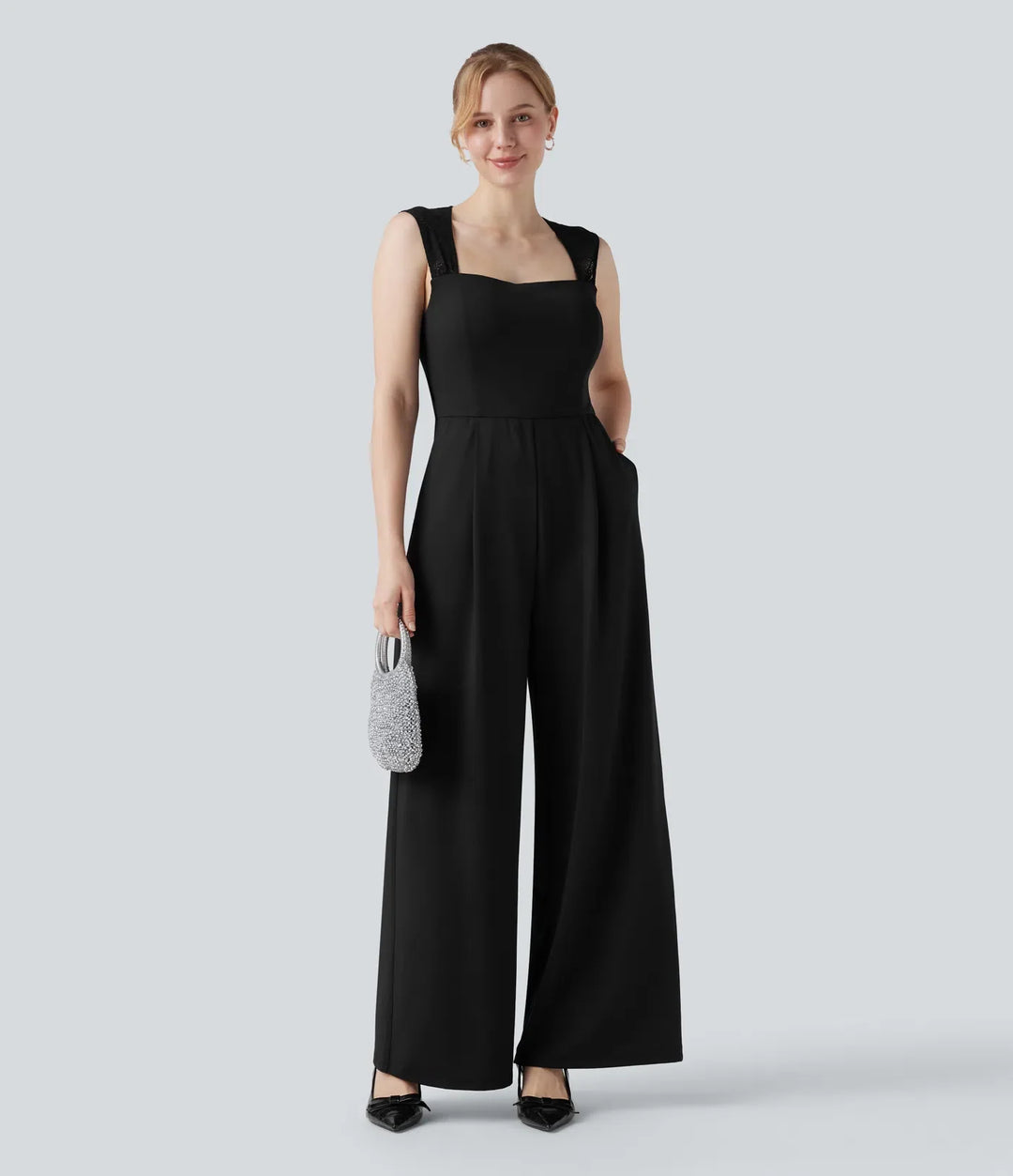 Fyrkantig halsringning ärmlös kontrastspets jumpsuit för brudtärna och bröllopsgäst med fickor-Easy Peezy