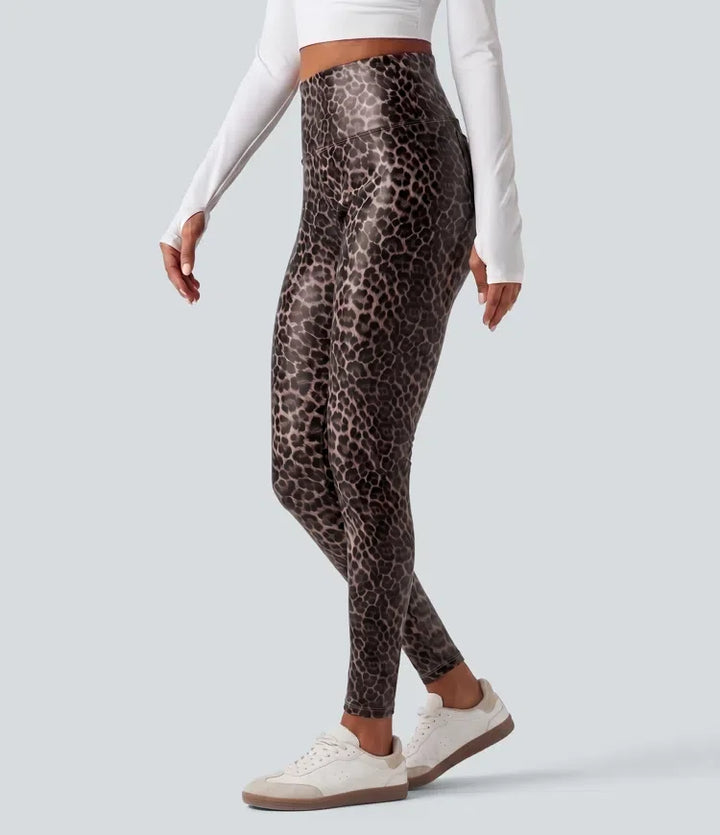 Med hög midja och magkontroll stretchig PU leopardmönstrad smal vardagsleggings med fickor