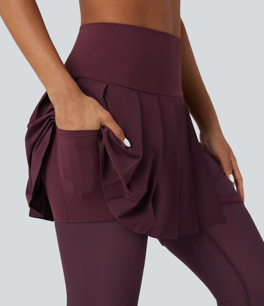 Breezeful högmidjad veckad 2-i-1 kontrastmesh snabbtorkande dans stigbygel leggings med kjol med fickor