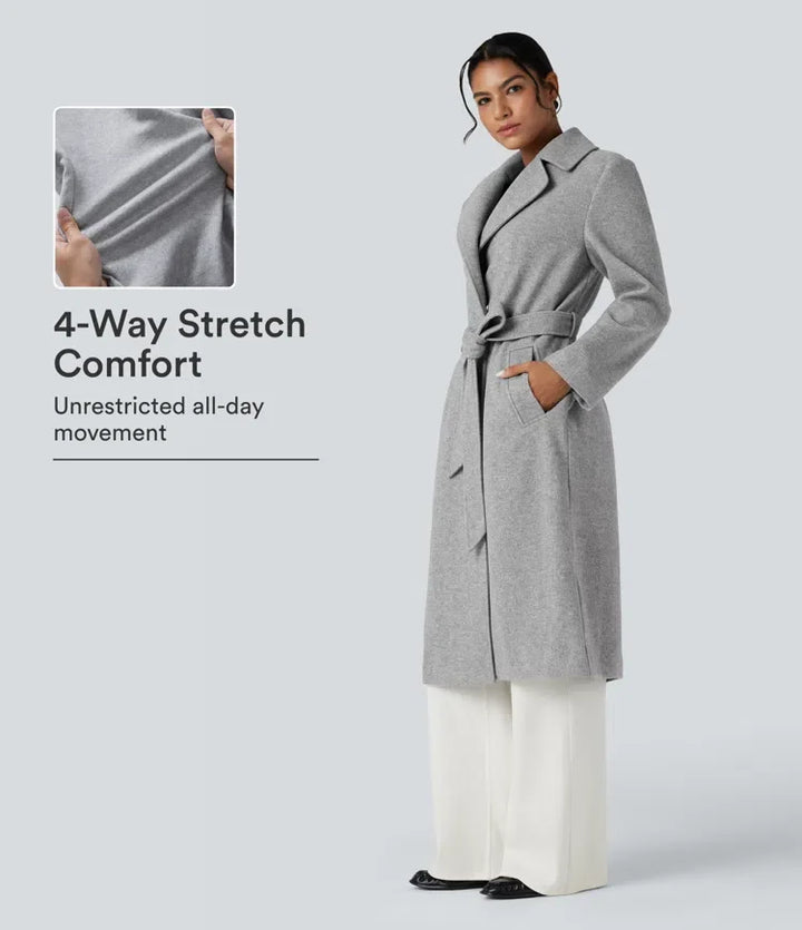 Långärmad bältad lång modell fleece vardaglig kappa med fickor