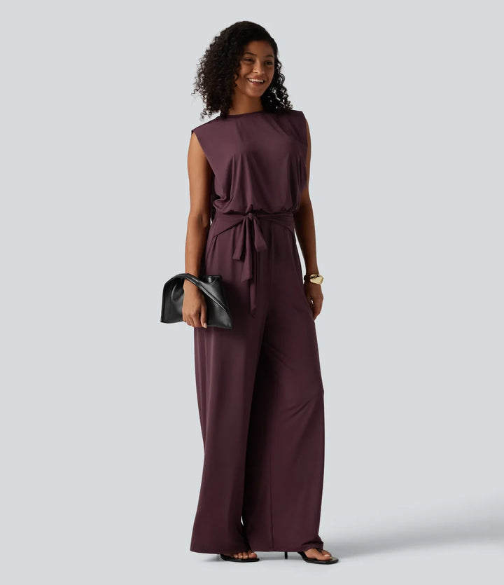 Rund hals ärmlös knytning fram InstantCool vardaglig jumpsuit med fickor-Easy Peezy Edition-UPF50+