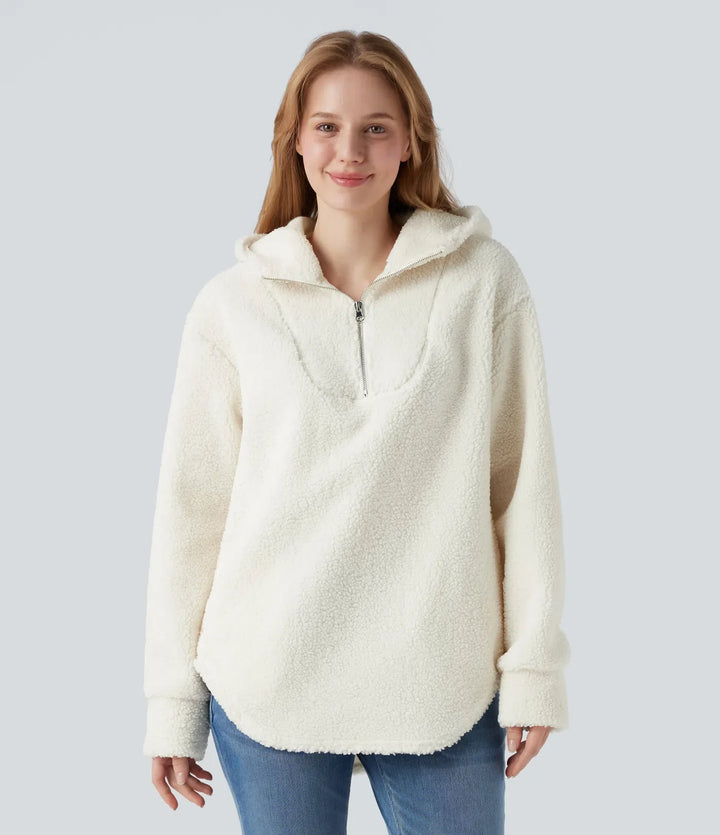 Med huva halv dragkedja rundad fåll oversized vardaglig sherpa sweatshirt med fickor