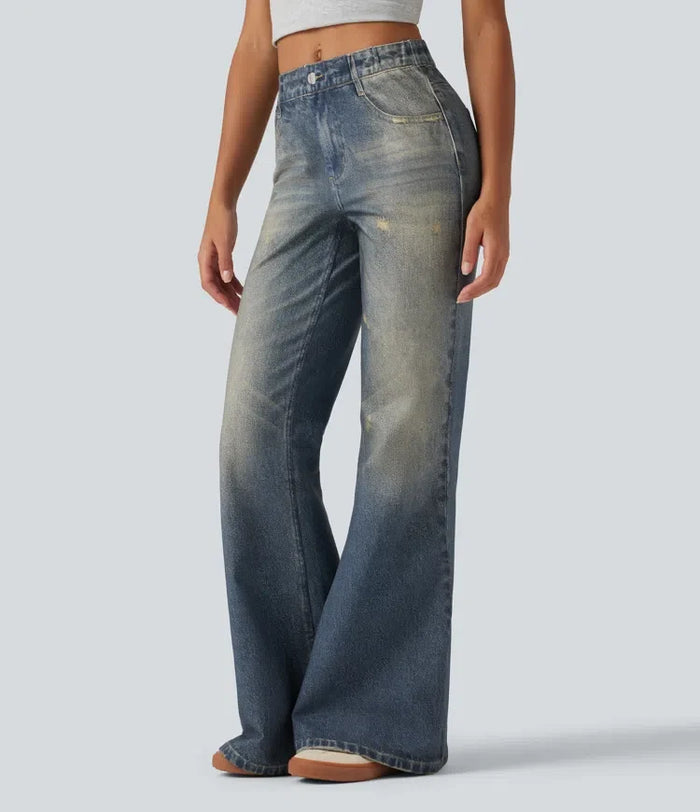 Medelhög midja denim mönster vardaglig utsvängd jeans med fickor