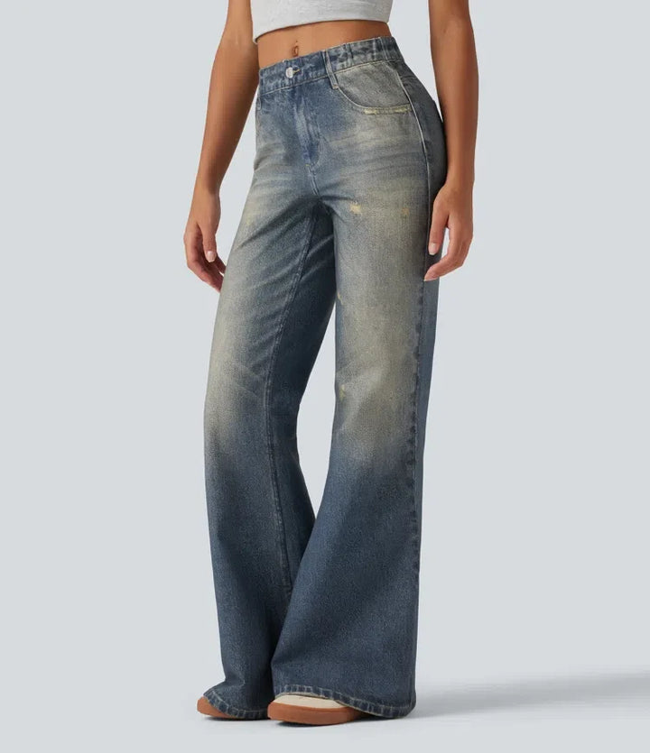 Medelhög midja denim mönster vardaglig utsvängd jeans med fickor