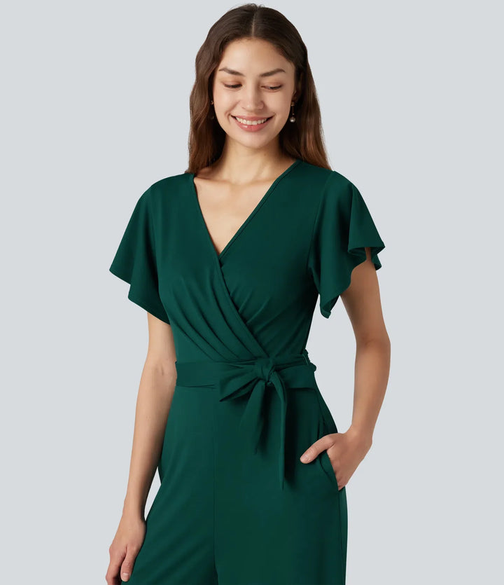 V-ringad kortärmad knytning i sidan baggy vardaglig jumpsuit med fickor-Easy Peezy Edition