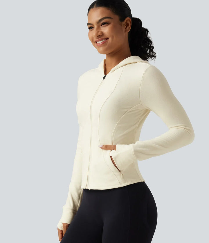 Ståkrage långärmad fleece smal yoga träningsjacka med tumhål och fickor