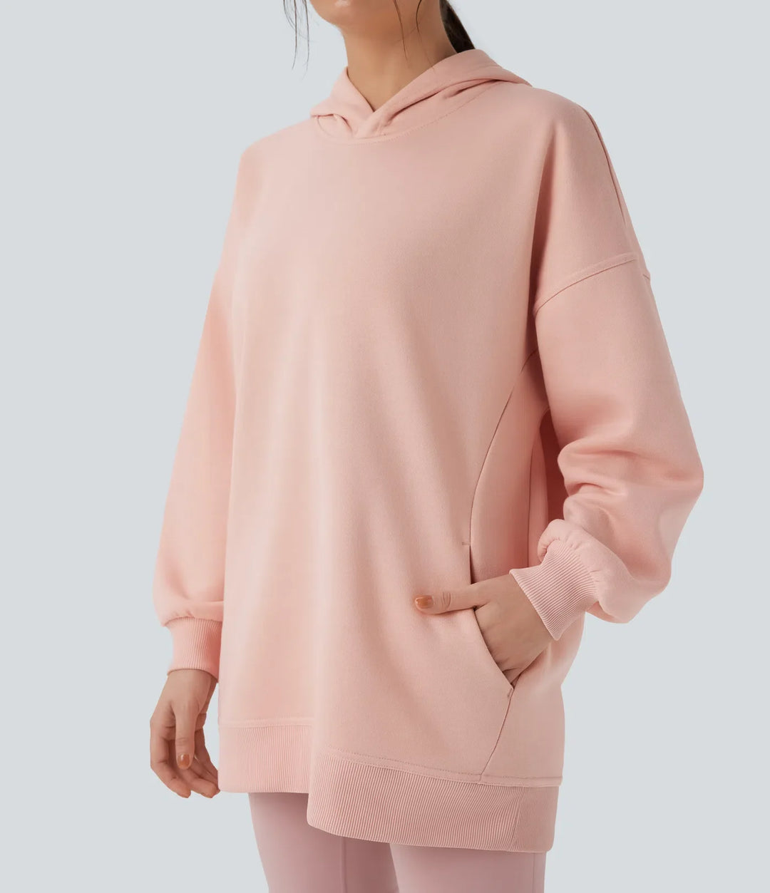 Med huva långärmad oversized fleece vardaglig sweatshirt med fickor