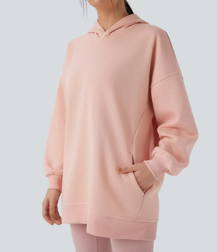 Med huva långärmad oversized fleece vardaglig sweatshirt med fickor