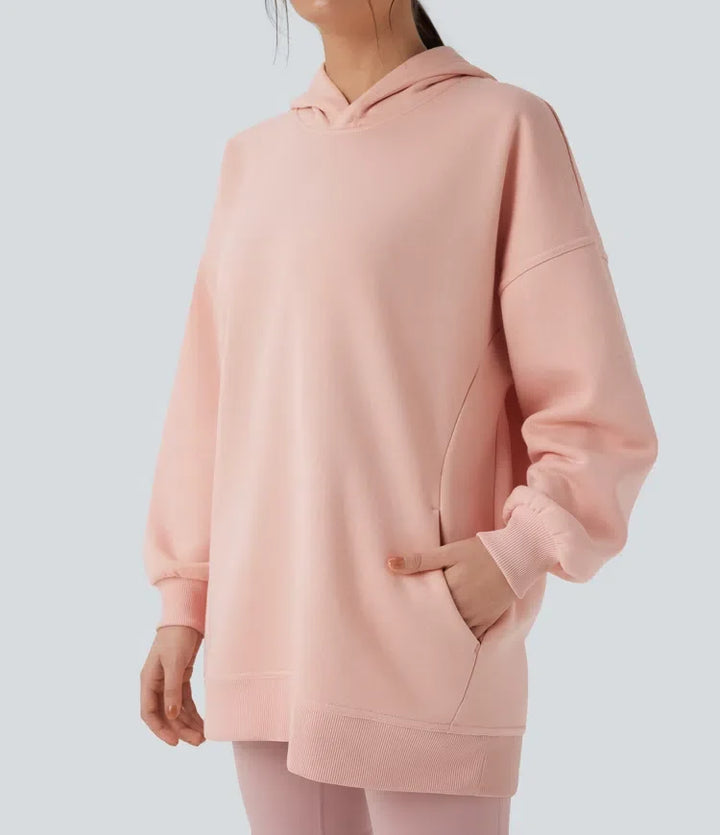 Med huva långärmad oversized fleece vardaglig sweatshirt med fickor