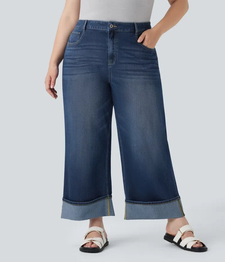 Plusstorlek Halara Flex med hög midja vida ben upprullad fåll tvättad stretchig stickad vardagsjeans med fickor