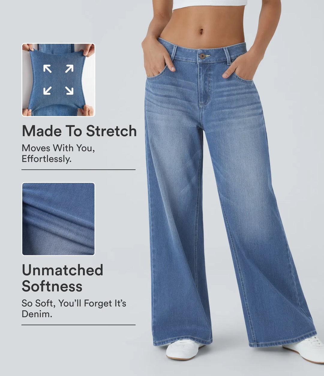 Halara Flex med låg midja dragkedja fickor tvättad baggy vida ben vardagsjeans