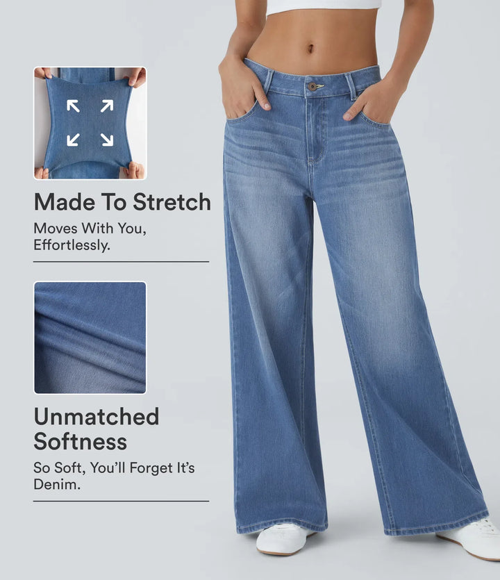 Halara Flex med låg midja dragkedja fickor tvättad baggy vida ben vardagsjeans