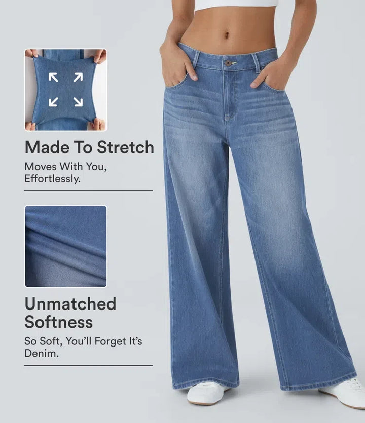 Lyckera Flex låg midja dragkedja fickor tvättad baggy vida ben vardagsjeans