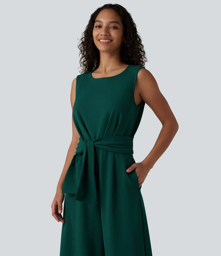 Skrynkeltålig båtringad ärmlös knytning i sidan arbetsjumpsuit med fickor-Easy Peezy