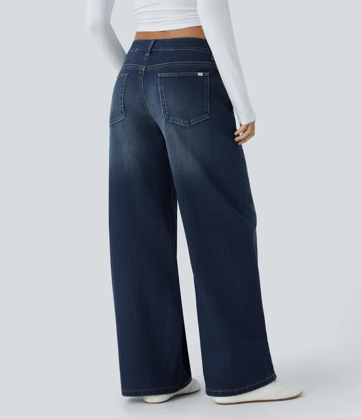 Halara Flex asymmetrisk med låg midja dragkedja fickor baggy vida ben tvättad vardagsjeans