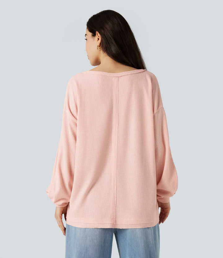 Djup rund halsringning långärmad våffelstruktur vardaglig sweatshirt